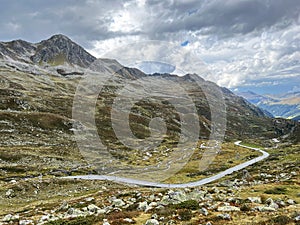 Road mountain pass Fluela FlÃ¼elapass oder Pass dal FlÃ¼ela or high alpine pass FlÃ¼ela, Davos - Canton of Grisons, Switzerland