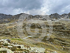 Road mountain pass Fluela FlÃ¼elapass oder Pass dal FlÃ¼ela or high alpine pass FlÃ¼ela, Davos - Canton of Grisons, Switzerland