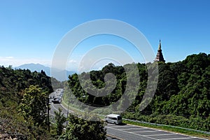 Road and Mountain and Phra Mahathat Napha Methanidon and Phra Mahathat Naphaphon Phumisiri.Doi Inthanon, Chiangmai