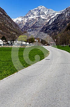 Road and mountain in valley of Sonogno in Locarno Ticino Switzerland