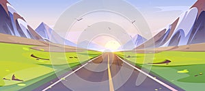 Road and mountain view sunrise landscape cartoon