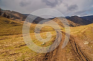 Road in mountains at cloudy rainy sky background in autumn