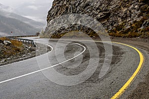 Road mountains fog hairpin curve