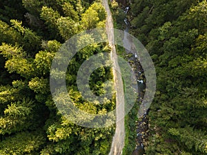 Road through mountains and forest captured from above