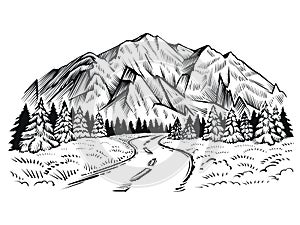 Road in the mountains with forest, landscape vector sketch.