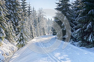 Road in mountains with groomed ski trail at winter