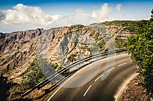 Road in the mountains. Mountain road along a ridge. Beautiful landscape of La Gomera. Canary Islands