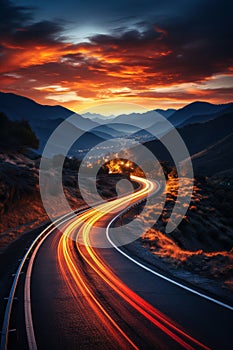 Road in the mountains at sunset, Car light trails on mountain road