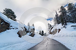 Road in the mountains, in winter time. Kaunertal, Tyrol, Austria, Europe. The Alps