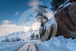 Road in the mountains, in winter time. Kaunertal, Tyrol, Austria, Europe. The Alps