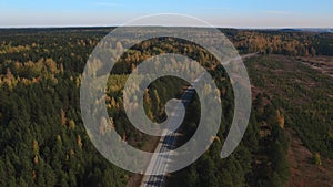 Road and moving cars between colorful autumn forest