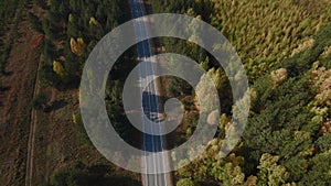 Road and moving cars between colorful autumn forest