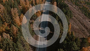 Road and moving cars between colorful autumn forest in Ural