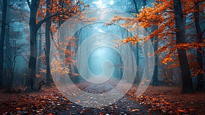 Road in mystical foggy forest in blue fog in autumn nature background scenery AI generated