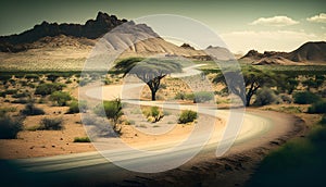 Road in the Namib desert, Namibia. Vintage style.