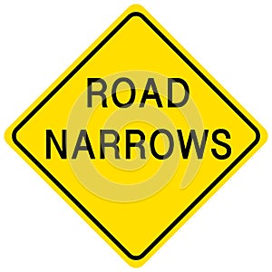 Road Narrows yellow sign on white background