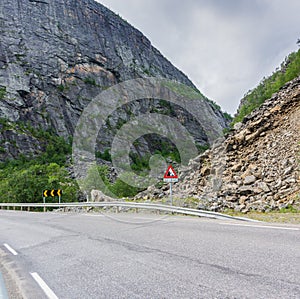 The road near the dangerous crumbling slope and the warning sign