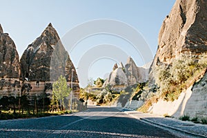 Road near Goreme in Cappadocia Beautiful view of the hills of Cappadocia. One of the sights of Turkey. Tourism, travel