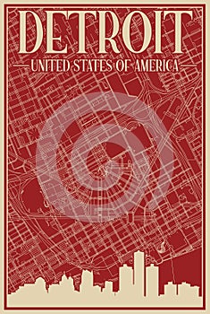 Road network poster of the downtown DETROIT, UNITED STATES OF AMERICA