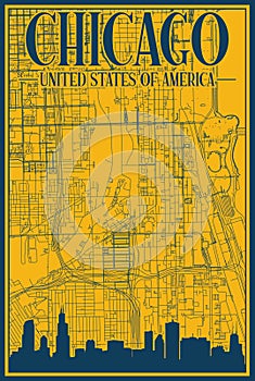 Road network and skyline poster of the downtown CHICAGO, UNITED STATES OF AMERICA