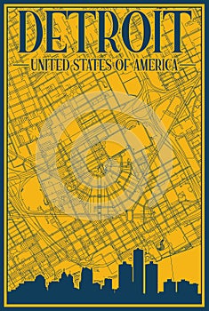Road network and skyline poster of the downtown DETROIT, UNITED STATES OF AMERICA