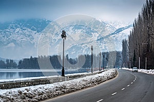 Road next to Dal Lake in winter, Srinagar, Kashmir, India