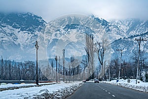 Road next to Dal Lake in winter, Srinagar, Kashmir, India