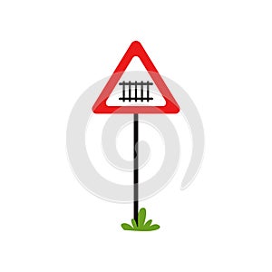 Road notice warns drivers of approaching to railway crossing. Triangular warning sign with barrier. Flat vector design