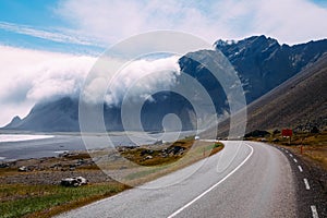 Road number one in iceland fjord and fog in the mountains