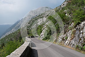 Road P1 from Kotor to Cetinje in Montenegro, with mountains in the background