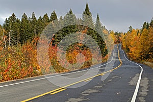 Road in Parc de La Mauricie through fall colors of forests