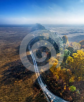 The road passing between autumn fields and forest belts. Aerial view. Nature autumn background