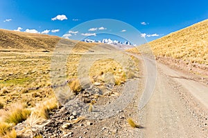 Road path mountains range ridge snow peaks, Bolivia.