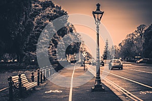 Road beside the peaceful Phoenix Park in Dublin. Perspective view of the bicycle way with bench and street lamps around and a real