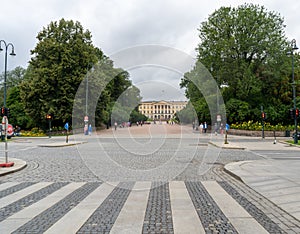 The road and pedestrian crossing in front of The Royal Palace of Oslo, Norway. August 2019
