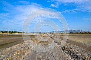 A road piled up on saline alkali land, a salt pond