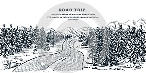 Road through pine forest. Vector sketch landscape illustration. Adventures in mountains and travel hand drawn background