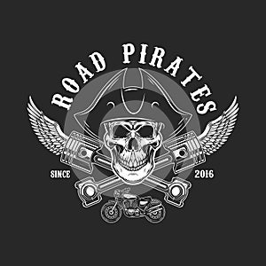 Road pirates. Human skull in pirate hat with crossed pistons and wings. Design element for logo, label, emblem, sign, t shirt prin