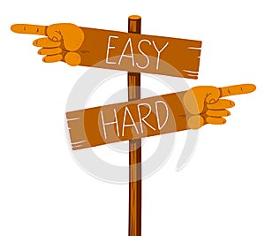 Road pointers direction signs in a shape of human hand with pointing finger vector illustration, easy and hard game mode, humorous