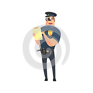 Road Policeman In American Cop Uniform With Truncheon, Radio, Gun Holster And Sunglasses Writing A Ticket
