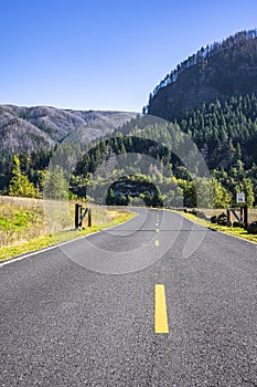 Road in the protected area of the Columbia River Gorge along the riverbank with mountains and trees