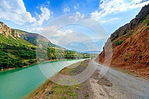 Road and Pskem river, the landscape of Uzbekistan