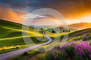 A road with purple flowers at one side