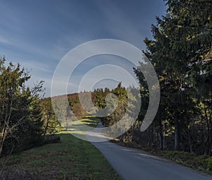 Road between Pustevny and Radhost hill in spring color morning