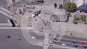 Road reconstruction with tram rails intersection, construction site