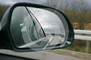 Road reflecting in wing mirror