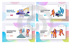 Road Repair with Excavator, Rolling Heavy Vehicle and Working People Website Landing Page Templates Set, Asphalt Machinery