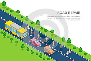 Road repair, roadworks, construction concept. Vector 3D isometric horizontal banner. City road closed for reconstruction