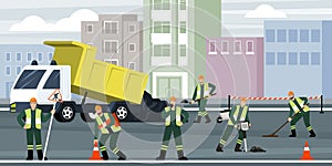 road repair. urban landscape with workers and technic truck highway repair and using safety cones. Vector cartoon
