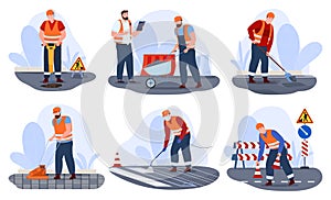 Road repairing industrial workers collection vector flat illustration. Male engineer staff service